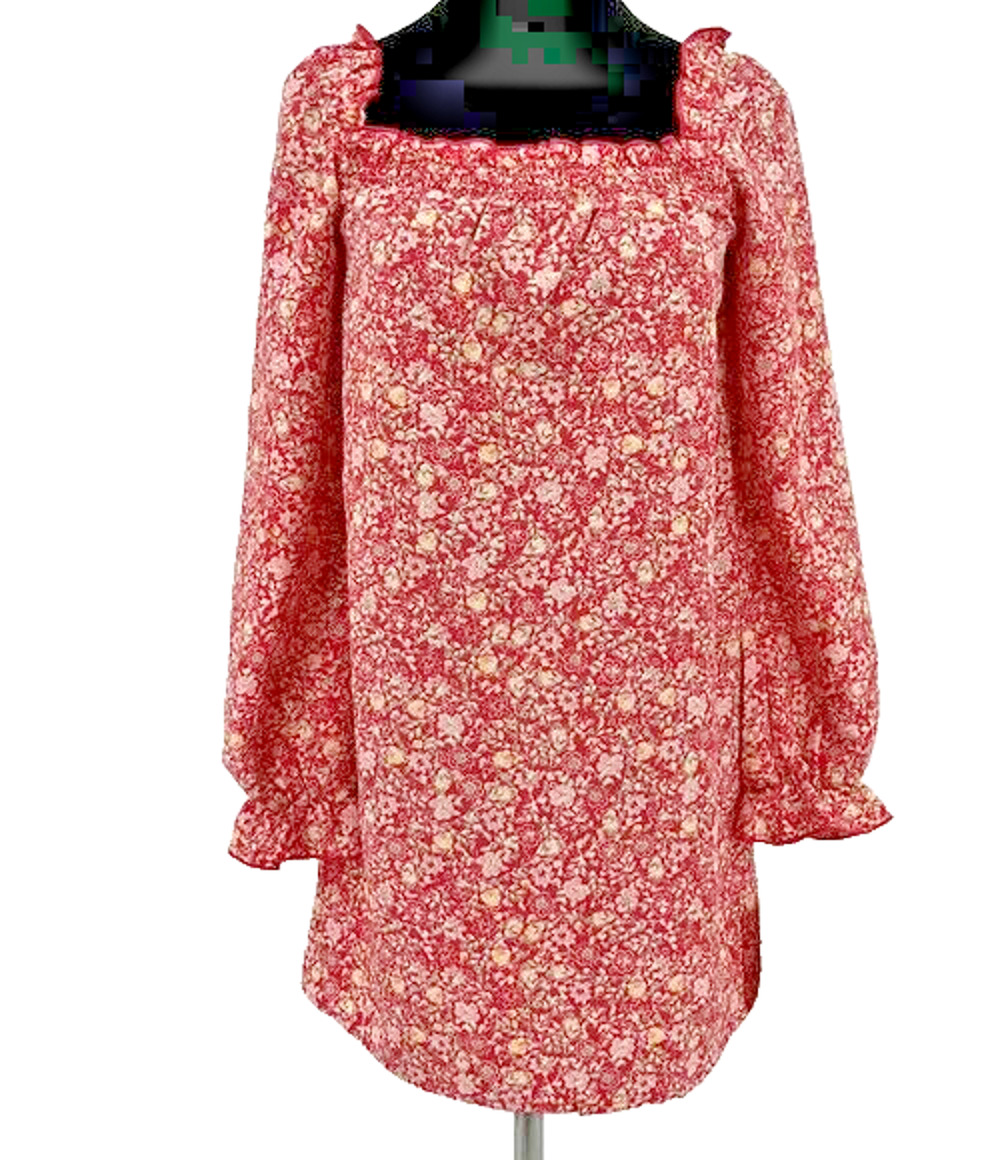 BeBop Floral Smocked Mini Dress Women's L Square Neck Long Sleeve Pink NWT